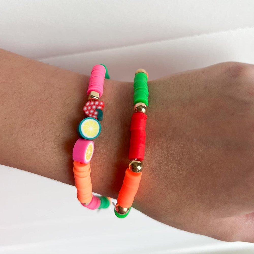 Summer Themed - Pink and Green Beaded Bracelet